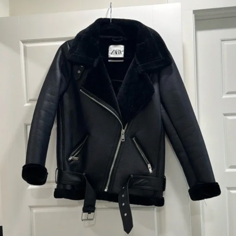 Zara black faux shearling / fur moto biker jacket